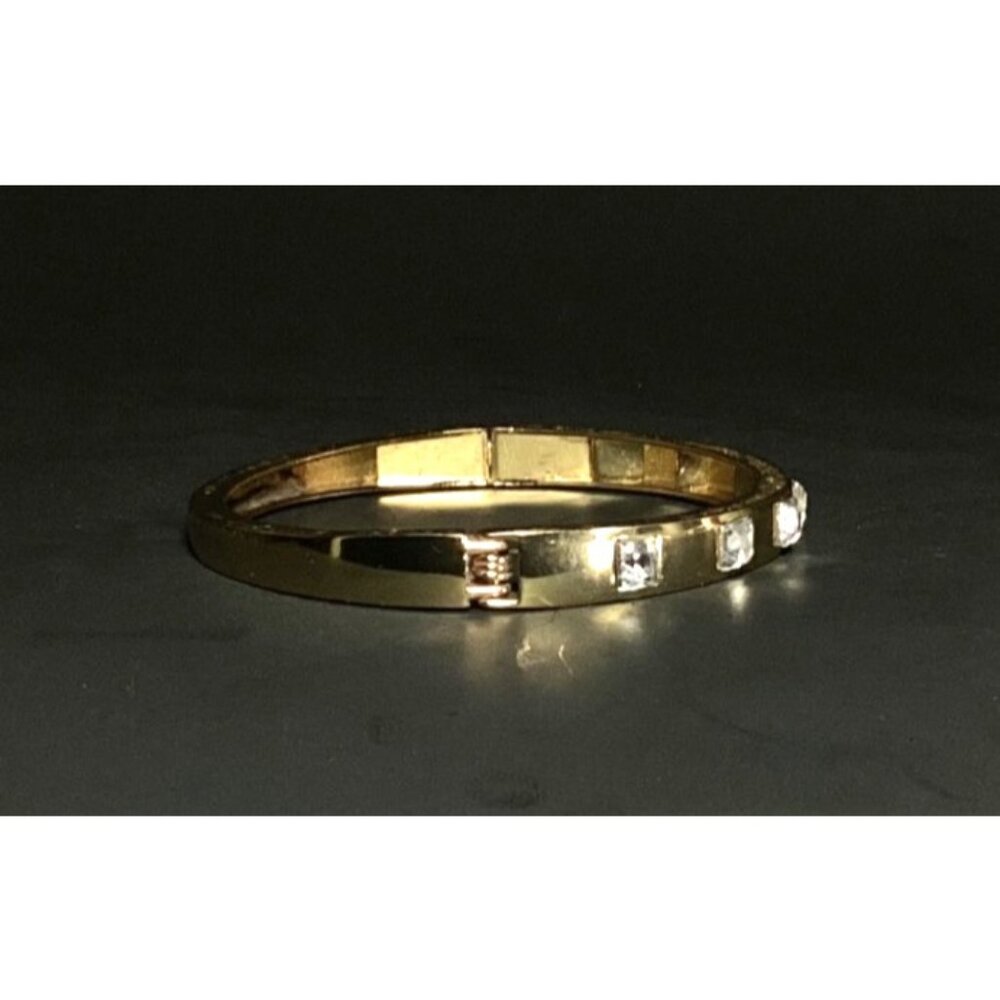 Gold Tone Hinged Metal Clamper Bangle Bracelet with Rhinestones - Picture 6 of 7